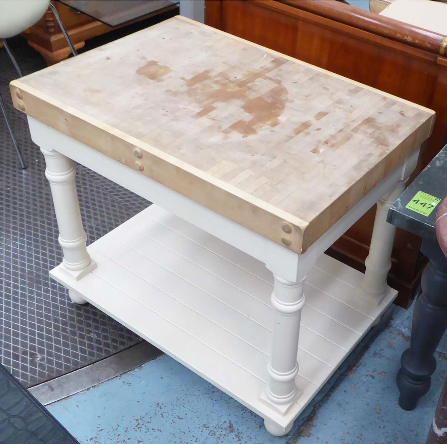 BUTCHERS BLOCK, 90cm W x 75cm H x 60cm D on a cream painted base. - Image 7 of 8