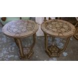 DAMASCUS TABLES, each 42cm W x 52cm H, inlaid, circular. (2)