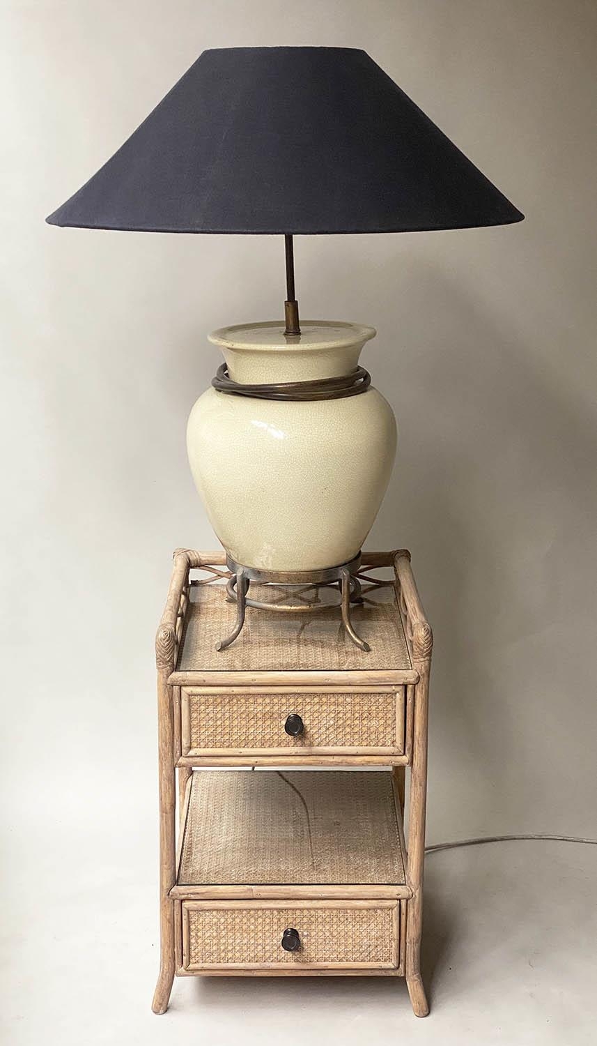 TIMOTHY OULTON SHADE LAMP, Chinese ceramic vase shaped eggshell crackelure and bronze mounted with