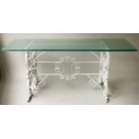 GARDEN/ORANGERY CENTRE TABLE, vintage wrought iron white painted with allover scroll decorated