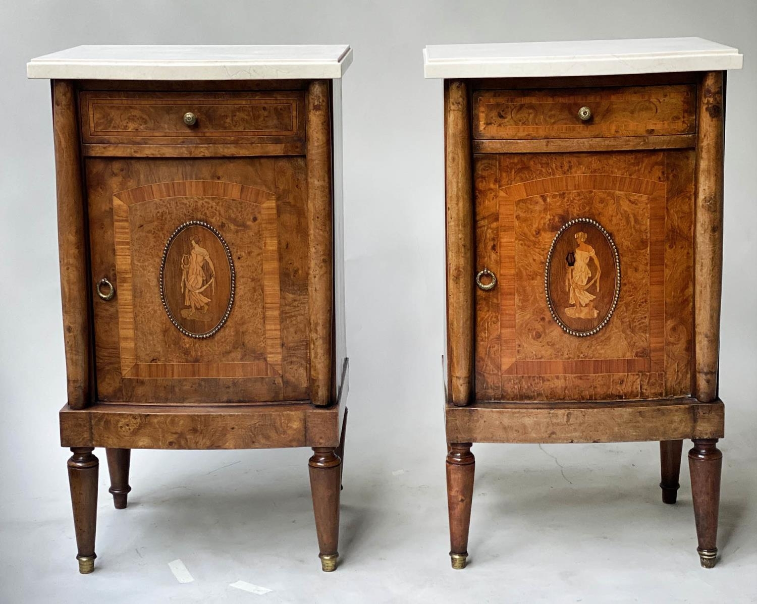 SIDE CABINETS, a pair, late 19th/early 20th century French burr walnut and gilt metal mounted,