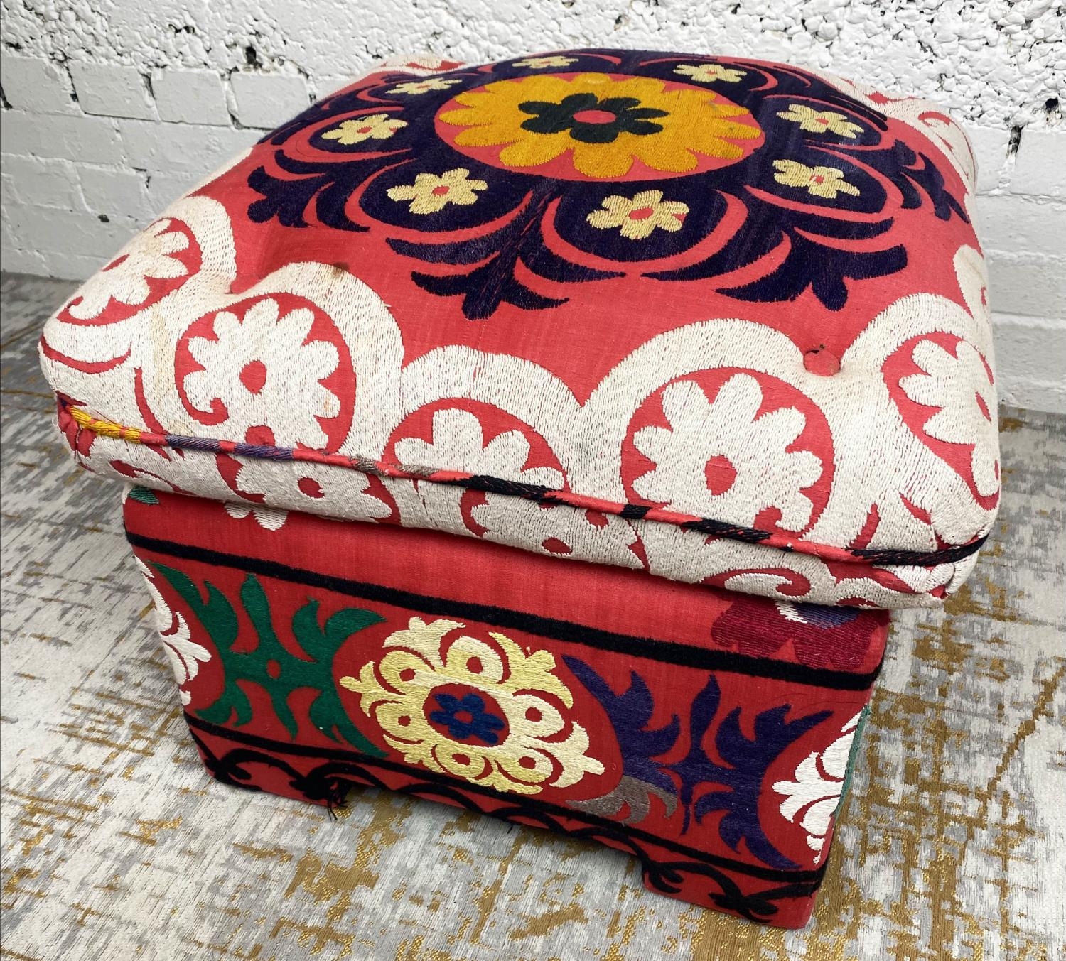 POUFFE, upholstered in suzani fabric, 58cm H x 55cm x 55cm.