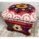 POUFFE, upholstered in suzani fabric, 58cm H x 55cm x 55cm.