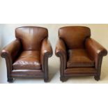 CLUB ARMCHAIRS, a pair, French Art Deco period with hand dyed leaf brown piped and studded