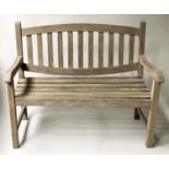 GARDEN BENCH, 112cm W, weathered teak slatted with twin arched back.