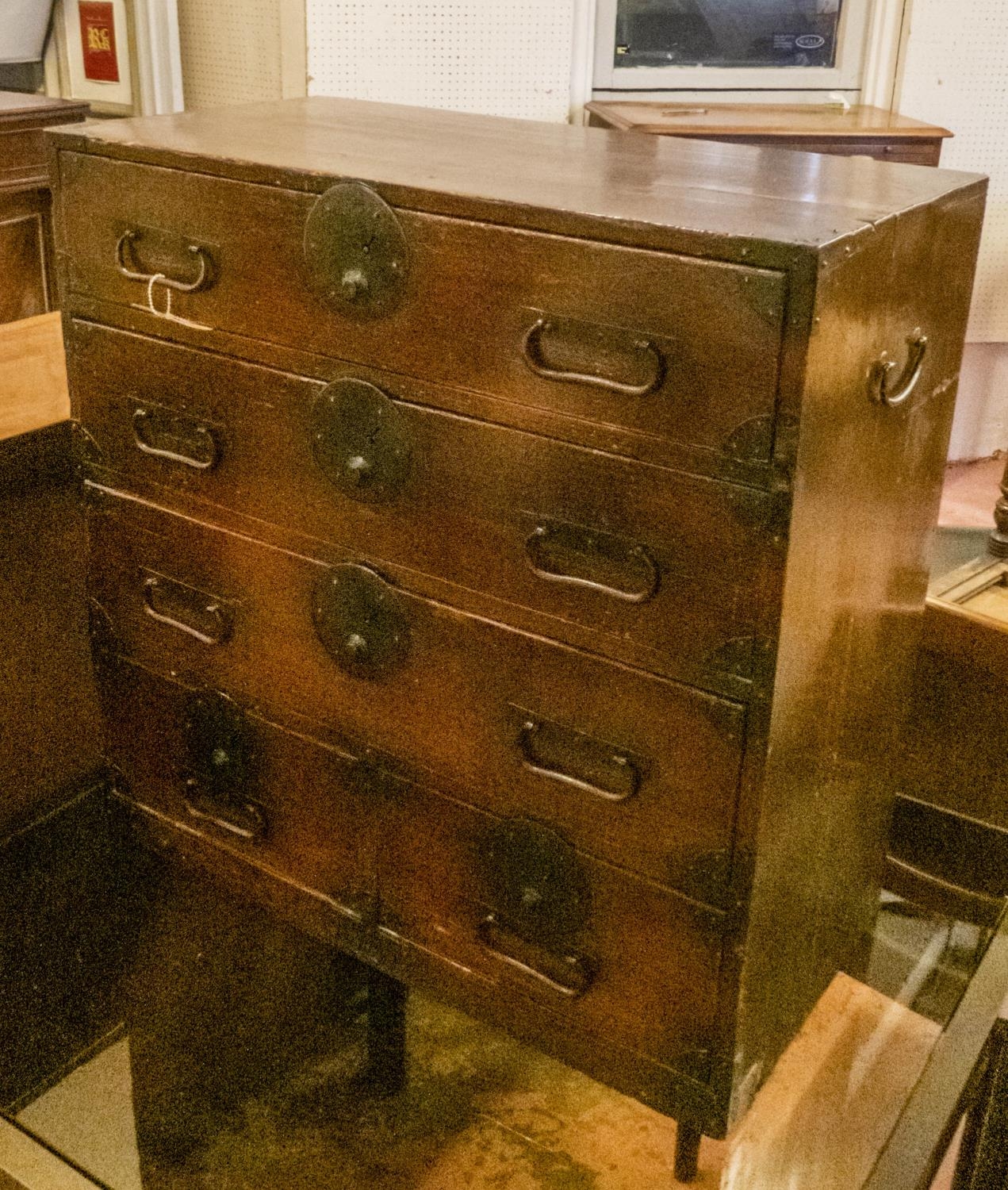 TANSU, late 19th century Japanese, firwood and iron bound of compact proportions, with five drawers,