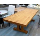 DINING TABLE, 235cm L x 77.5cm H x 96.5cm D oak with a rectangular top on trestle-end suppports.