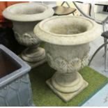GARDEN URNS, two, with acanthus leaves, 63cm. (2)