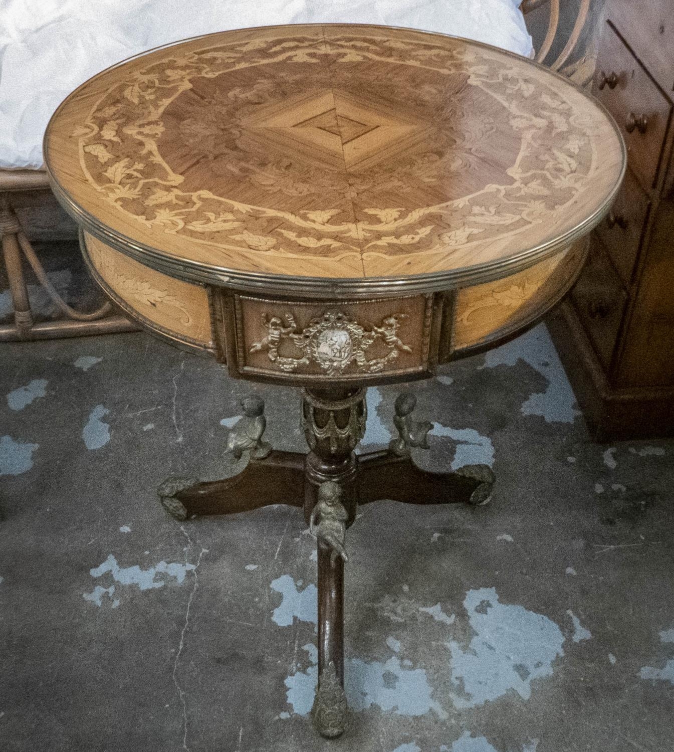 OCCASIONAL TABLE, with inlaid marquetry detail and applied gilt metal detail with decorative