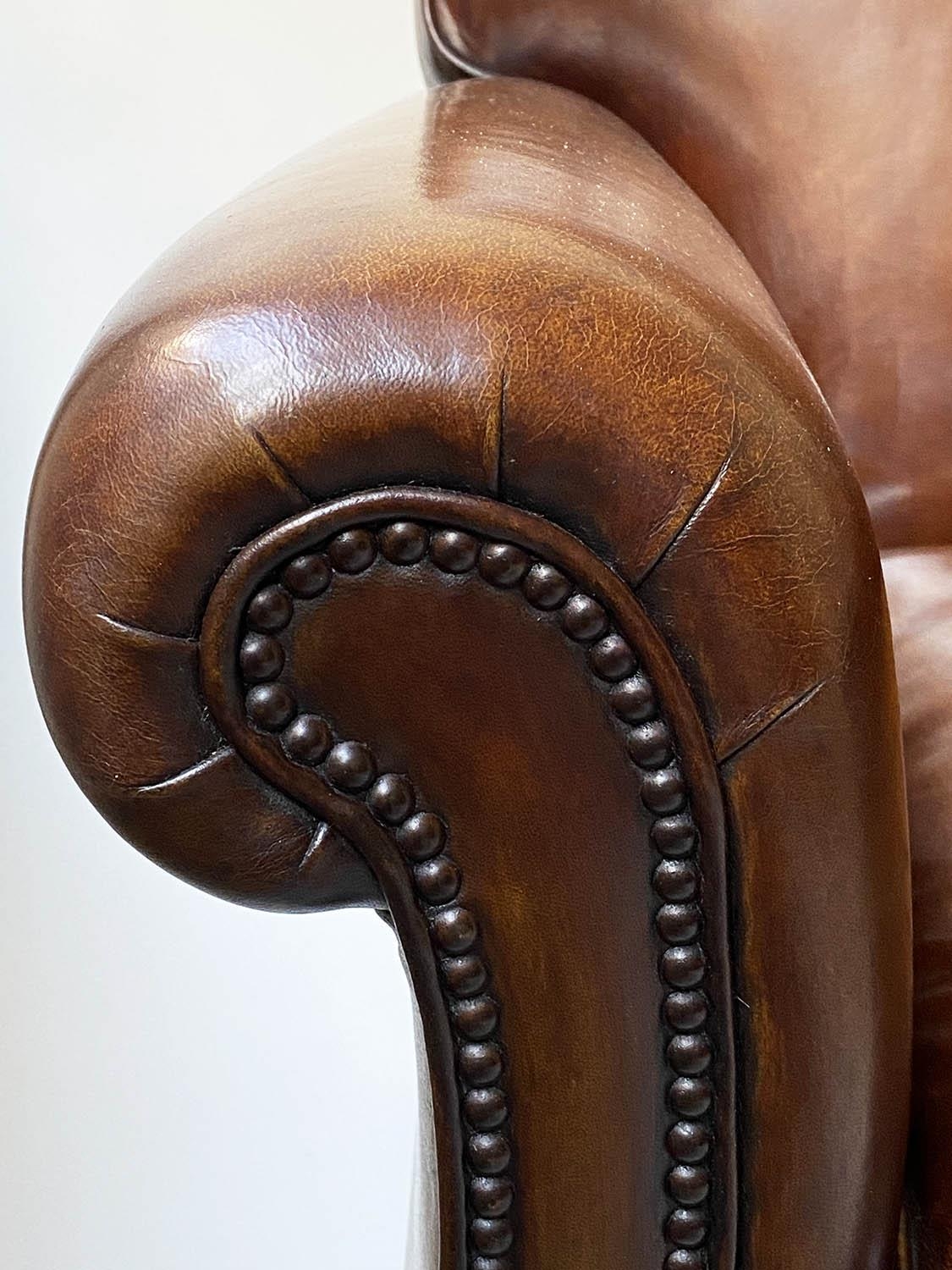 CLUB ARMCHAIRS, a pair, French Art Deco period with hand dyed leaf brown piped and studded - Image 9 of 9