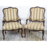 FAUTEUILS, a pair, Louis XV style in striped fabric, 70cm W. (2)