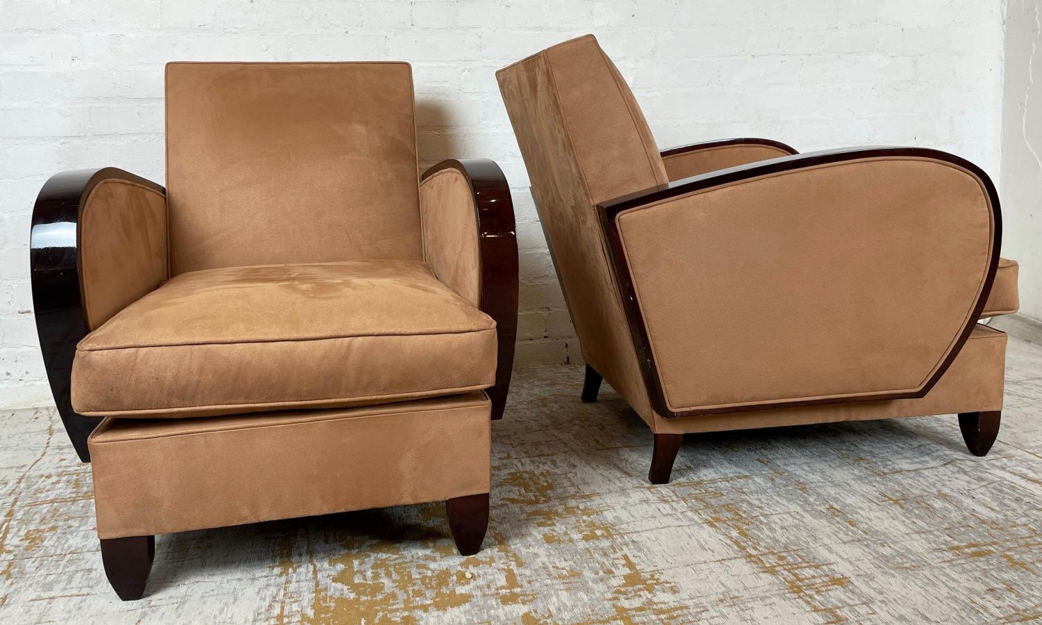CLUB ARMCHAIRS, a pair, 78cm H x 68cm W x 88cm D, Art Deco style with brown suede upholstery. (2) - Image 3 of 4