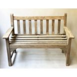 LISTER GARDEN BENCH, weathered Burma teak with flat top arms, 114cm W.