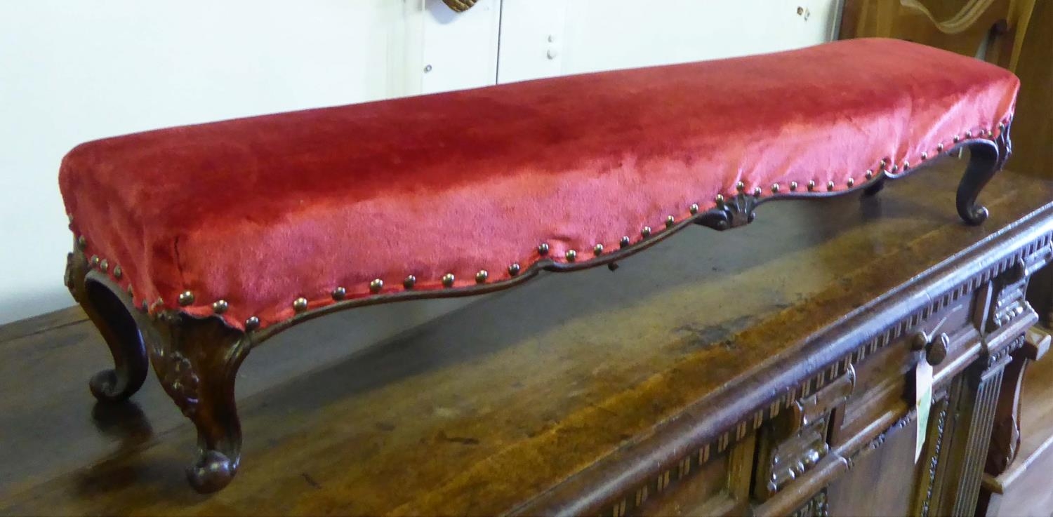 STOOL, mahogany circa 1865, with red upholstery, 105cm W x 20cm H x 21cm D. - Image 5 of 6