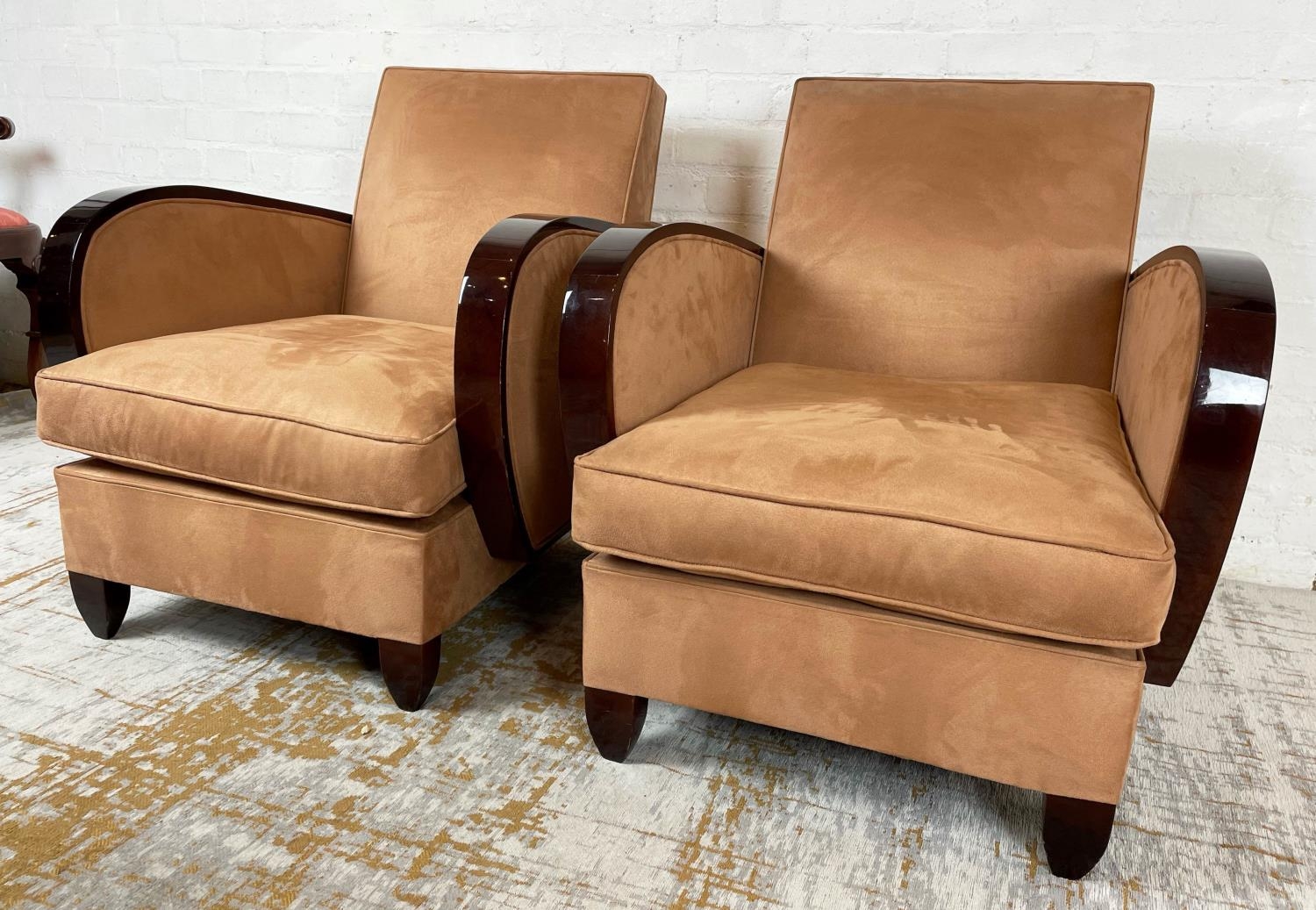 CLUB ARMCHAIRS, a pair, 78cm H x 68cm W x 88cm D, Art Deco style with brown suede upholstery. (2) - Image 2 of 4