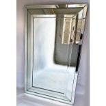 WALL MIRROR, bevelled rectangular mirror with cushion and marginal plates, 93cm x 154cm.