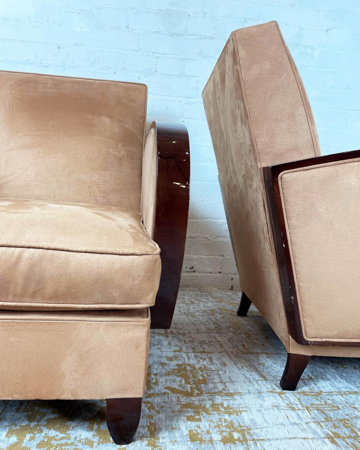 CLUB ARMCHAIRS, a pair, 78cm H x 68cm W x 88cm D, Art Deco style with brown suede upholstery. (2) - Image 4 of 4