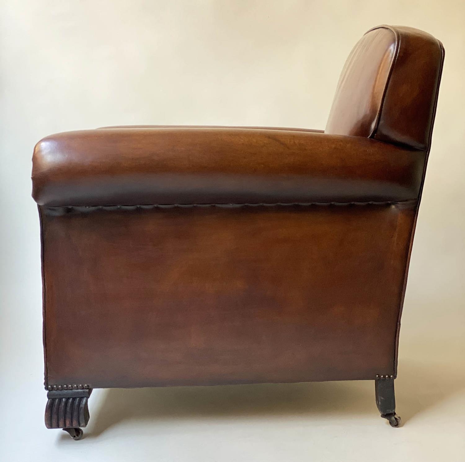 CLUB ARMCHAIRS, a pair, French Art Deco period with hand dyed leaf brown piped and studded - Image 4 of 9