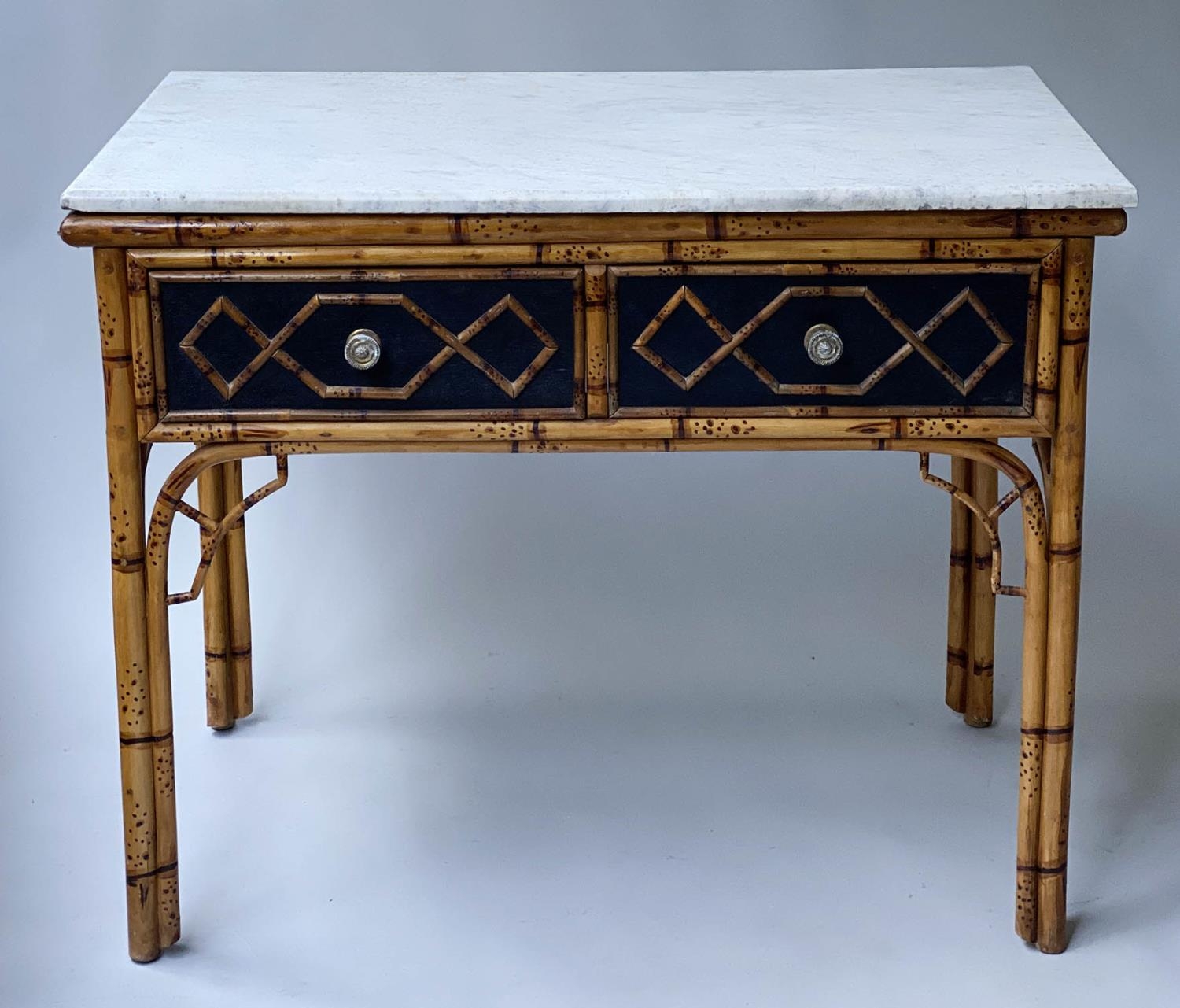 SIDE TABLE, pavilion style faux bamboo with two frieze drawers, ebonised and Carrara marble top,