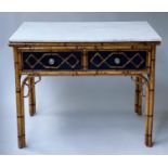 SIDE TABLE, pavilion style faux bamboo with two frieze drawers, ebonised and Carrara marble top,