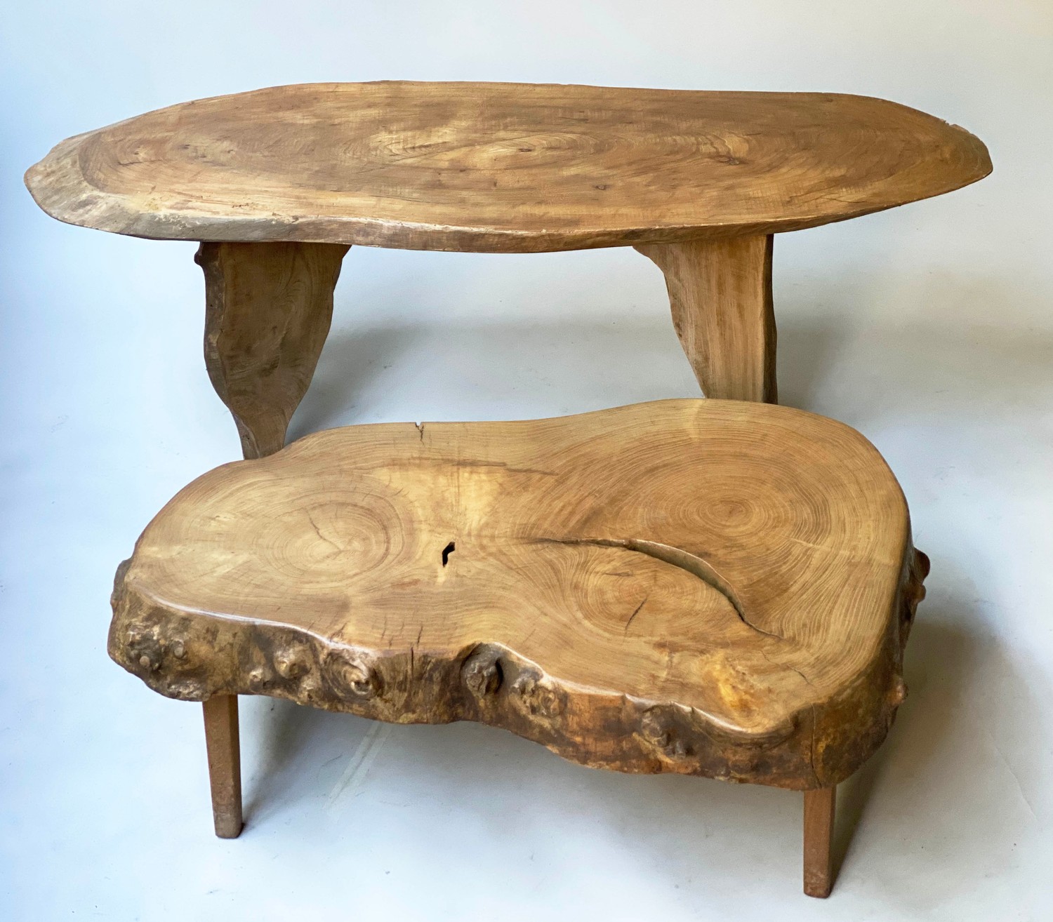 RUSTIC LOW TABLE, burr yewwood tree section on shaped supports together with a lower example, - Image 2 of 6