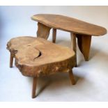 RUSTIC LOW TABLE, burr yewwood tree section on shaped supports together with a lower example,