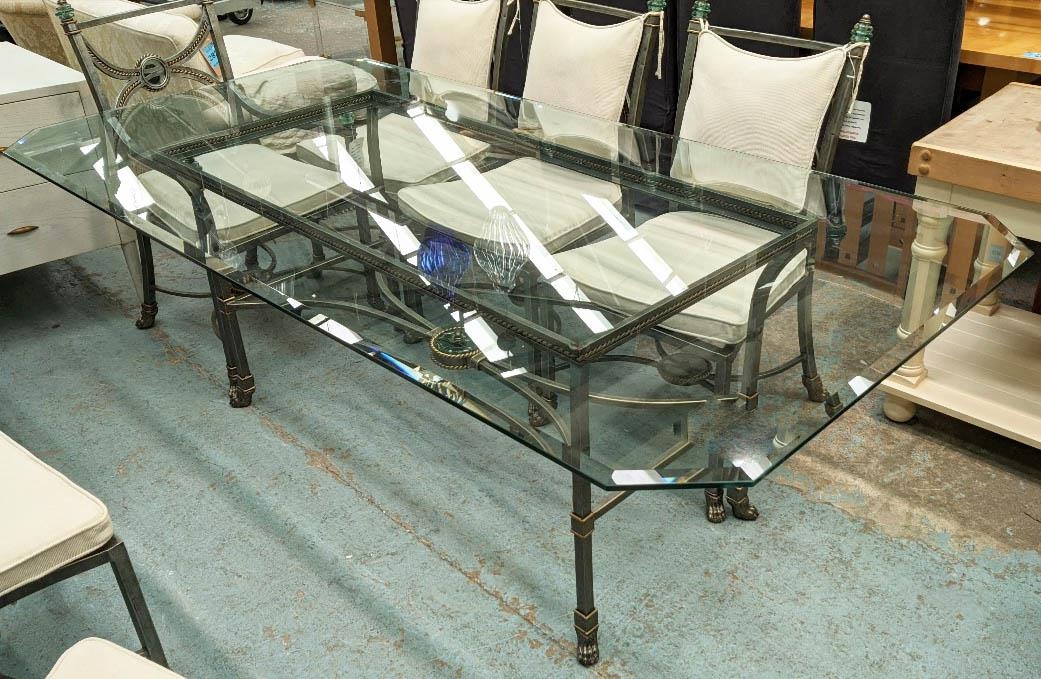 DINING TABLE, 111cm x 221cm x 74cm H, the glass top on a metal base and eight chairs, including - Image 5 of 5