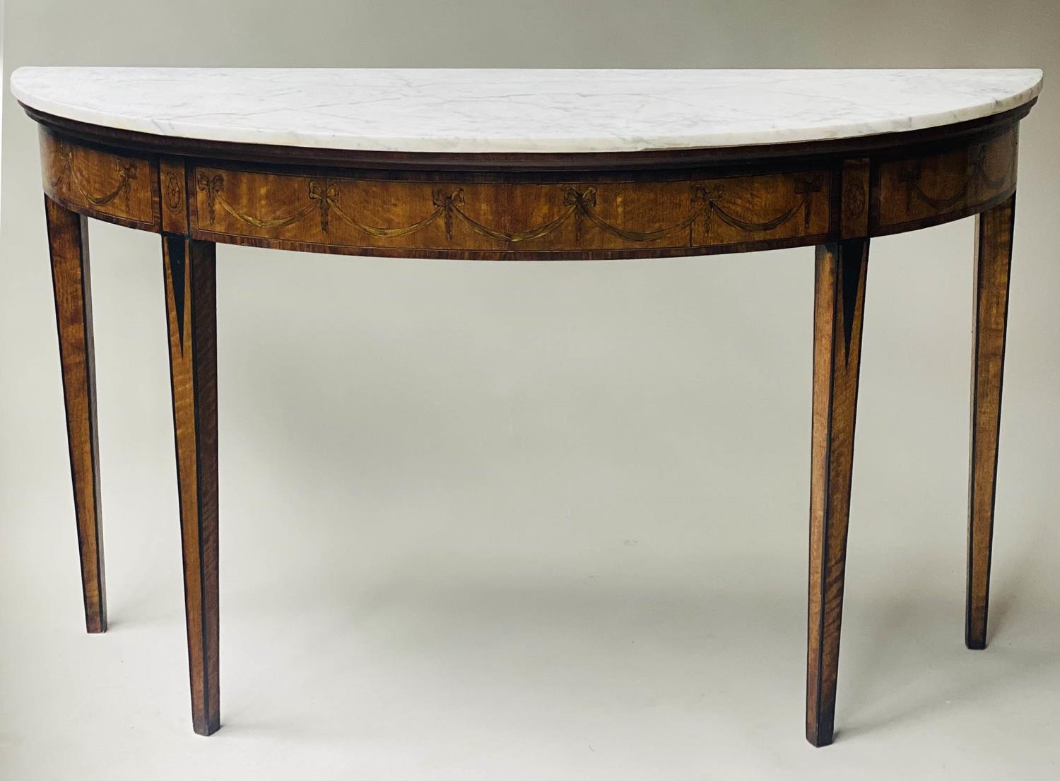 PIER TABLE, George III manner, after Robert Adam semi elliptical arabiscata marble top, satinwood,