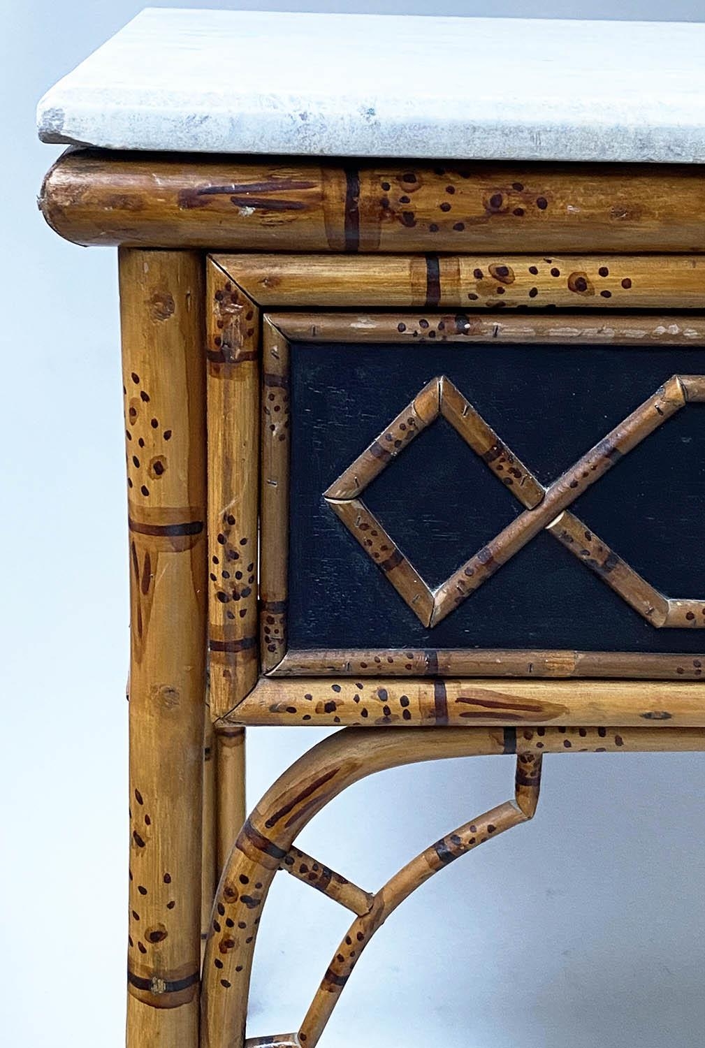 SIDE TABLE, pavilion style faux bamboo with two frieze drawers, ebonised and Carrara marble top, - Image 6 of 7