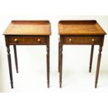 LAMP TABLES, a pair, Regency design burr walnut, each crossbanded with drawer and reeded supports,