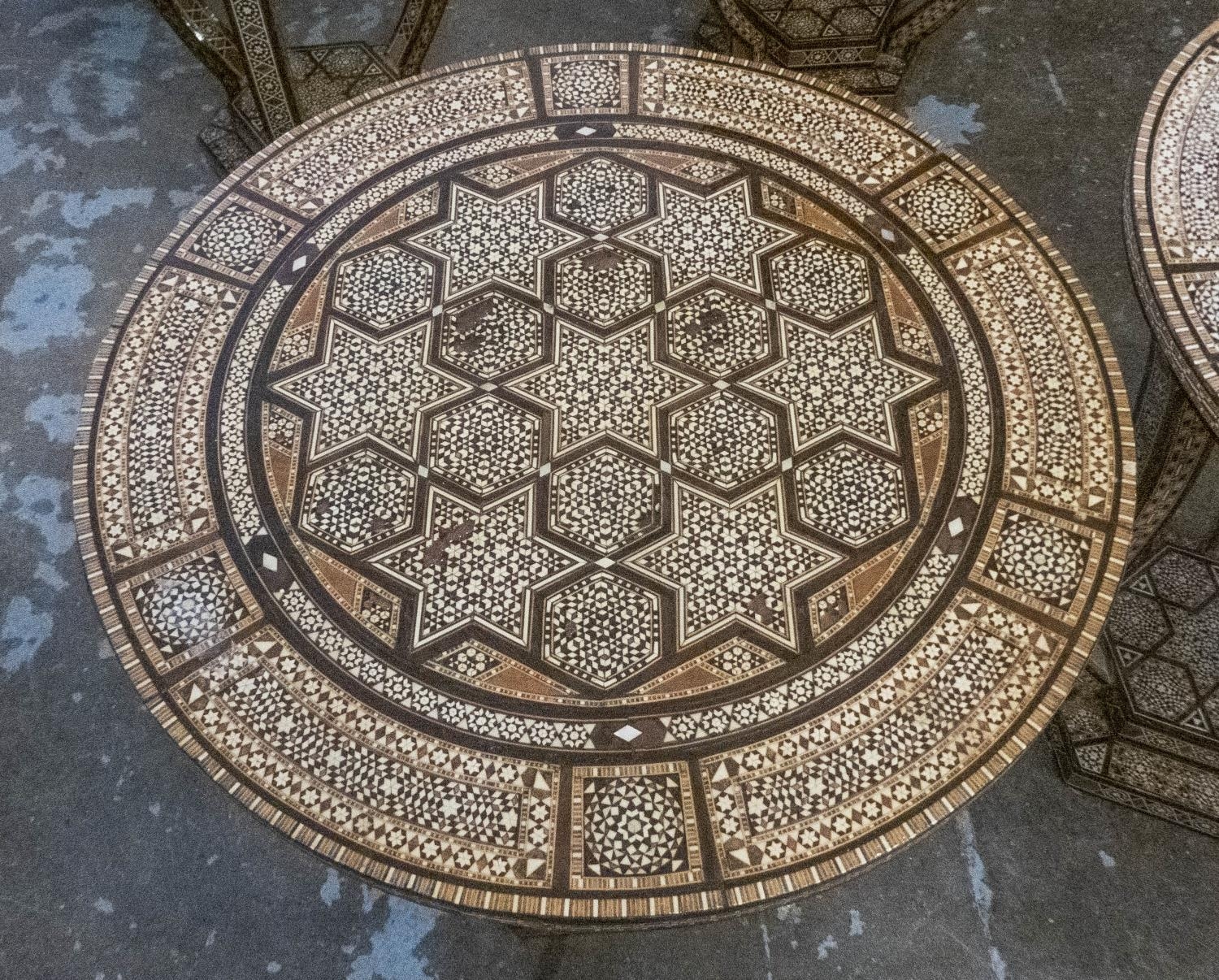 DAMASCUS TABLES, each 42cm W x 52cm H, two inlaid, circular. (2) - Image 6 of 7