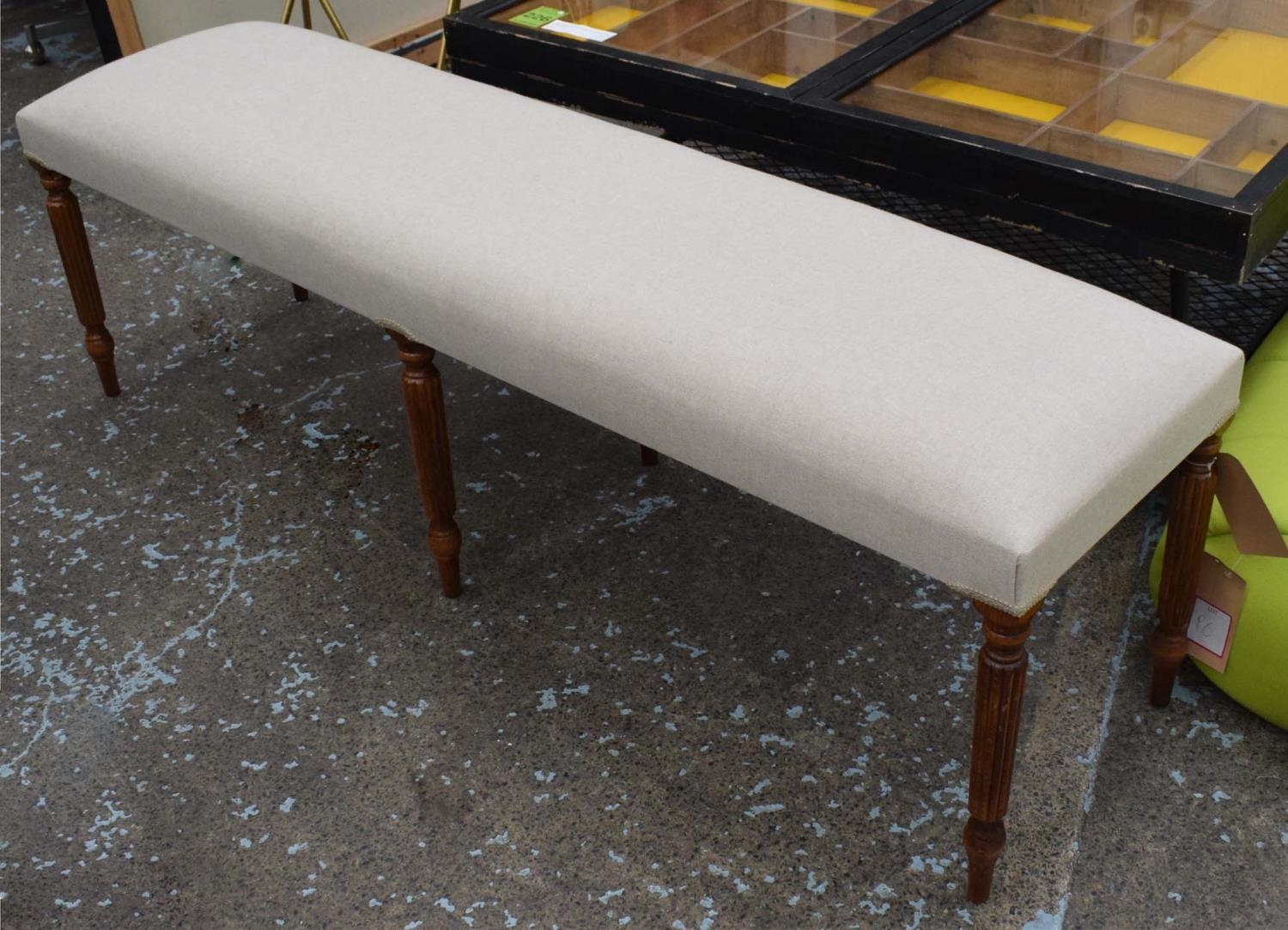 HALL SEAT, 151cm L x 47cm H x 40cm D, with linen upholstery. - Image 4 of 8