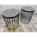 SIDE TABLES, a pair, 1970's Italian design, circular inlaid tops on a metal base, 46cm H x 35cm x