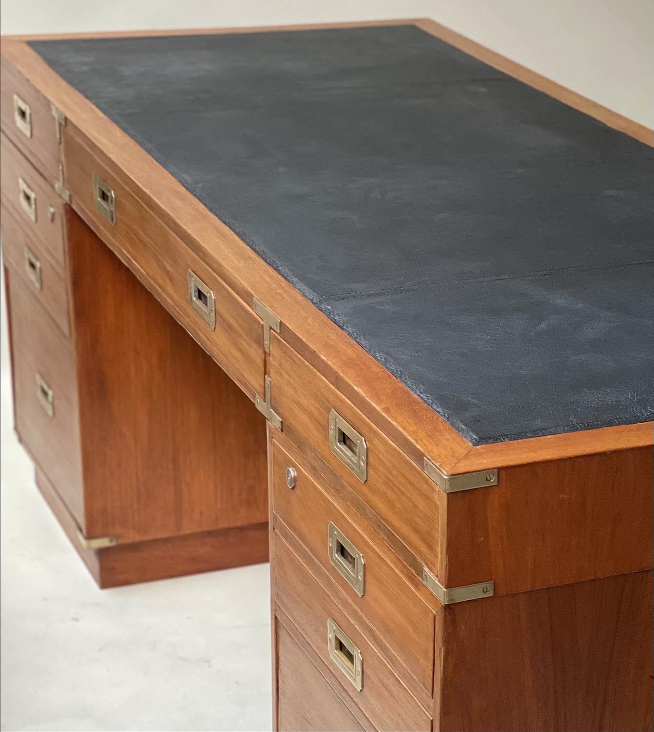 PEDESTAL DESK, campaign style faded teak and brass bound with nine drawers and tooled black - Image 3 of 6