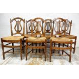 DINING CHAIRS, six, late 19th century French Provincial ash with lyre backs and rush seats. (6)