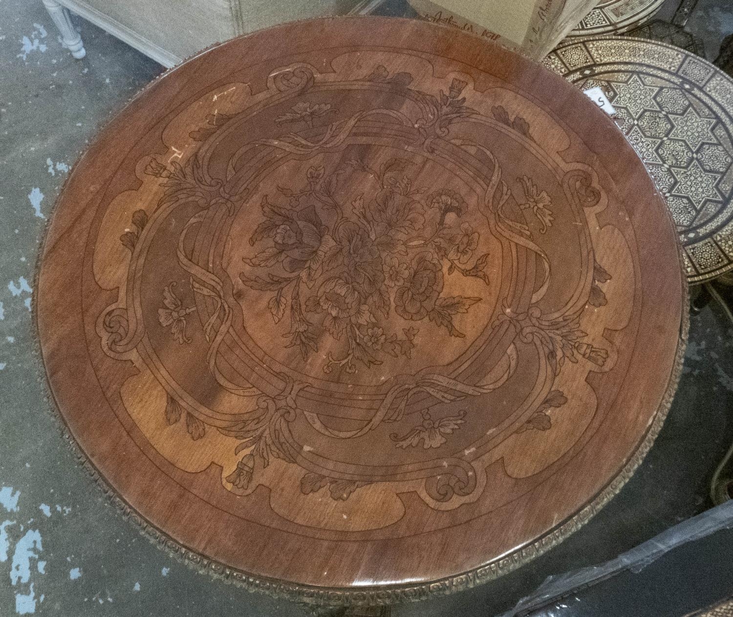 OCCASIONAL TABLE, circular with marquetry and gilt metal mounts on lion supports, 61cm W x 78cm H. - Image 4 of 5