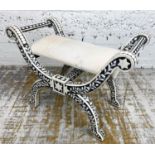 STOOL, Moorish design bone inlaid with upholstered seat, 55cm H x 70cm x 38cm.