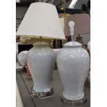 TABLE LAMPS, a pair, grey porcelain with cream shades, 111cm H including shades. (2)