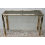 CONSOLE TABLE, 73cm H x 119cm x 39cm, brass with tinted glass top.