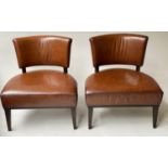 OCCASIONAL/COCKTAIL CHAIRS, a pair, soft mid brown leather with tapering supports, 70cm W. (2)