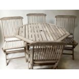 GARDEN TABLE AND CHAIRS, table 108cm W x 73cm H, weathered teak, octagonal slatted with four folding