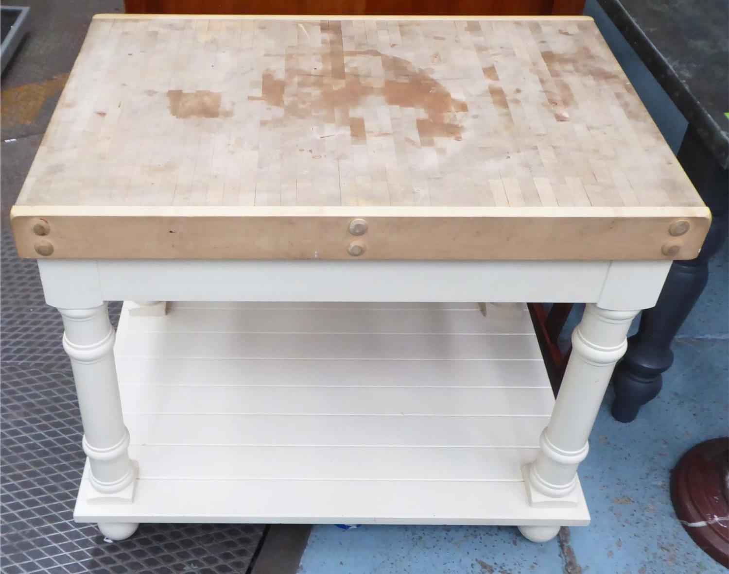 BUTCHERS BLOCK, 90cm W x 75cm H x 60cm D on a cream painted base.