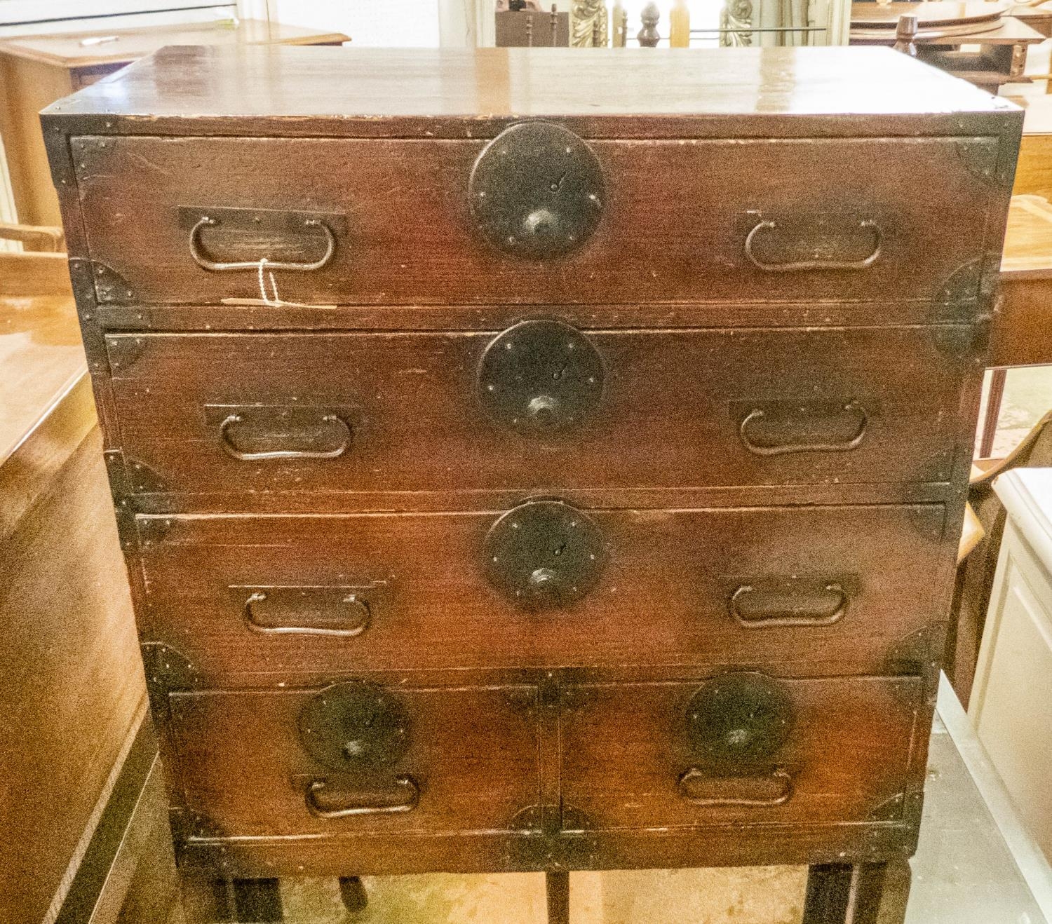 TANSU, late 19th century Japanese, firwood and iron bound of compact proportions, with five drawers, - Image 2 of 6