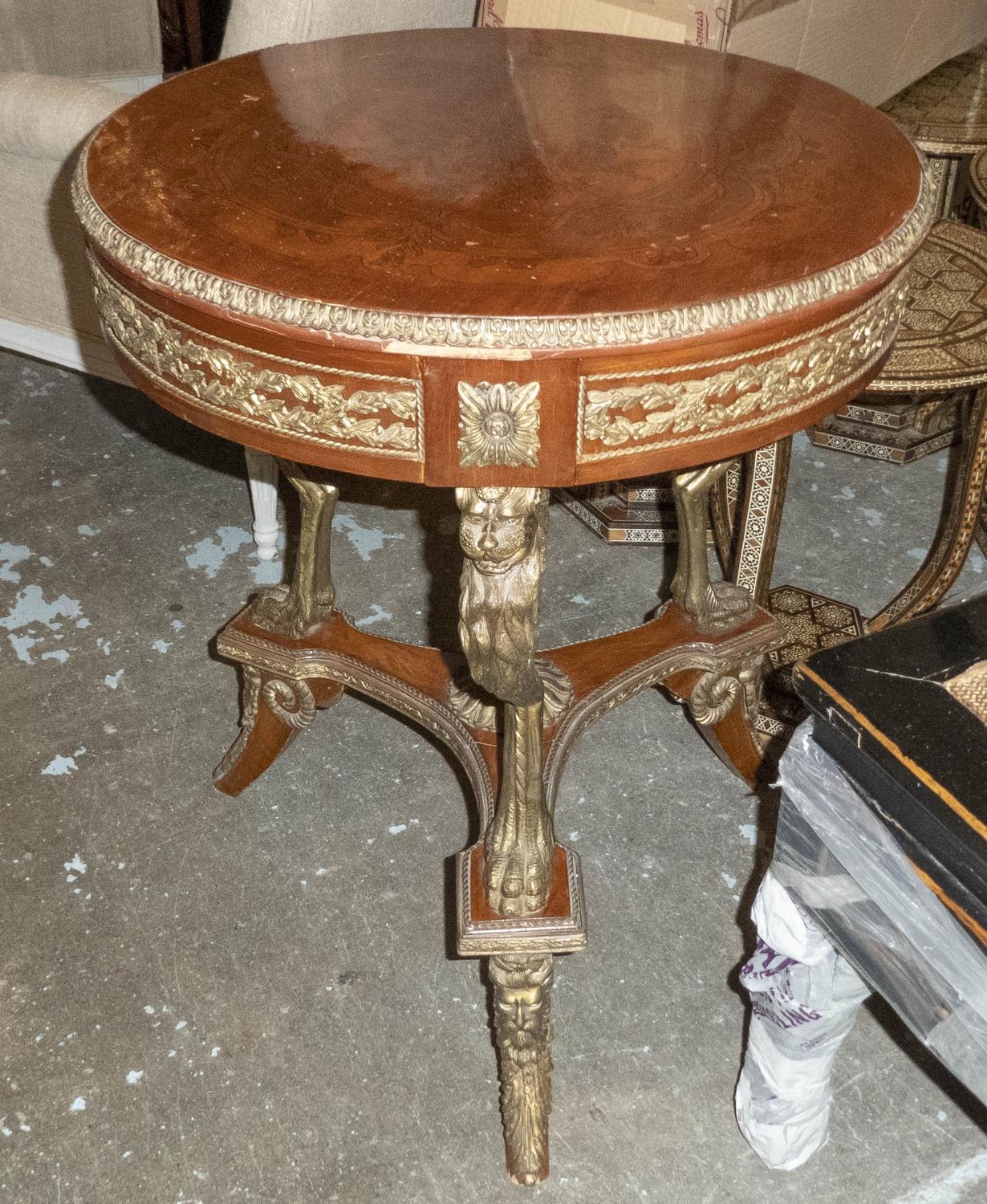 OCCASIONAL TABLE, circular with marquetry and gilt metal mounts on lion supports, 61cm W x 78cm H. - Image 2 of 5