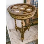 OCCASIONAL TABLE, 54cm W x 84cm H, circular with gilt metal detail and applied porcelain plaques.