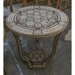 DAMASCUS TABLES, each 42cm W x 52cm H, two inlaid, circular. (2)
