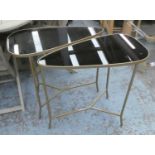 SIDE TABLES, a pair, 1950's Italian style, gilt metal, smoked glass tops, 70cm x 36cm x 71cm. (2)