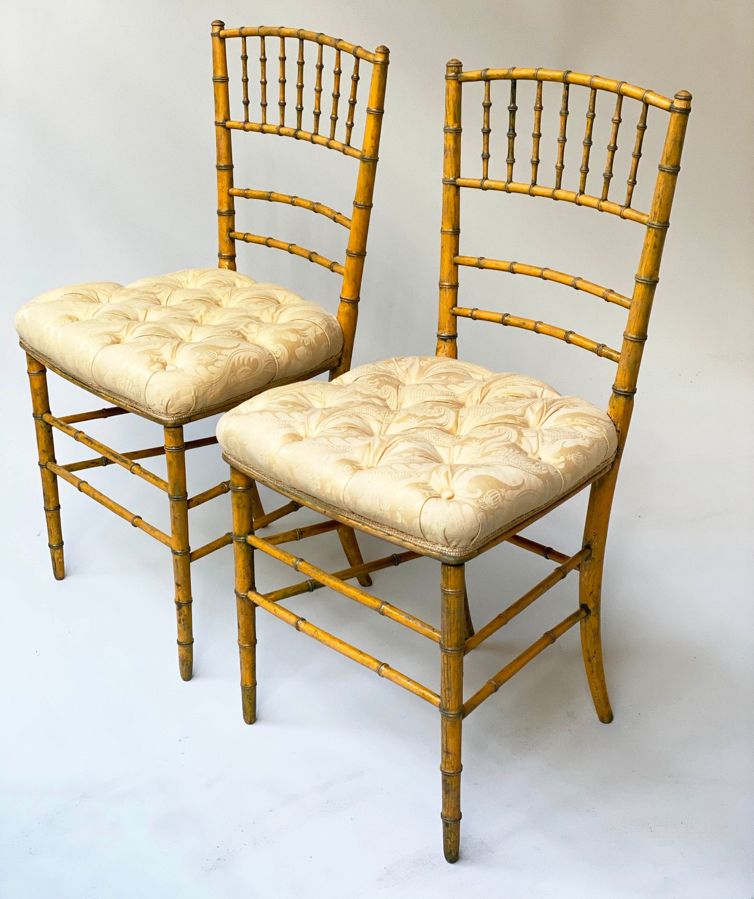 SALON CHAIRS, a pair, 19th century faux bamboo framed with button yellow satin seats. (2) - Image 4 of 8