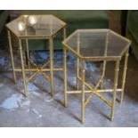 LAMP TABLES, 51cm H x 44cm x 38cm a pair gilt metal with hexagonal glass tops. (2)