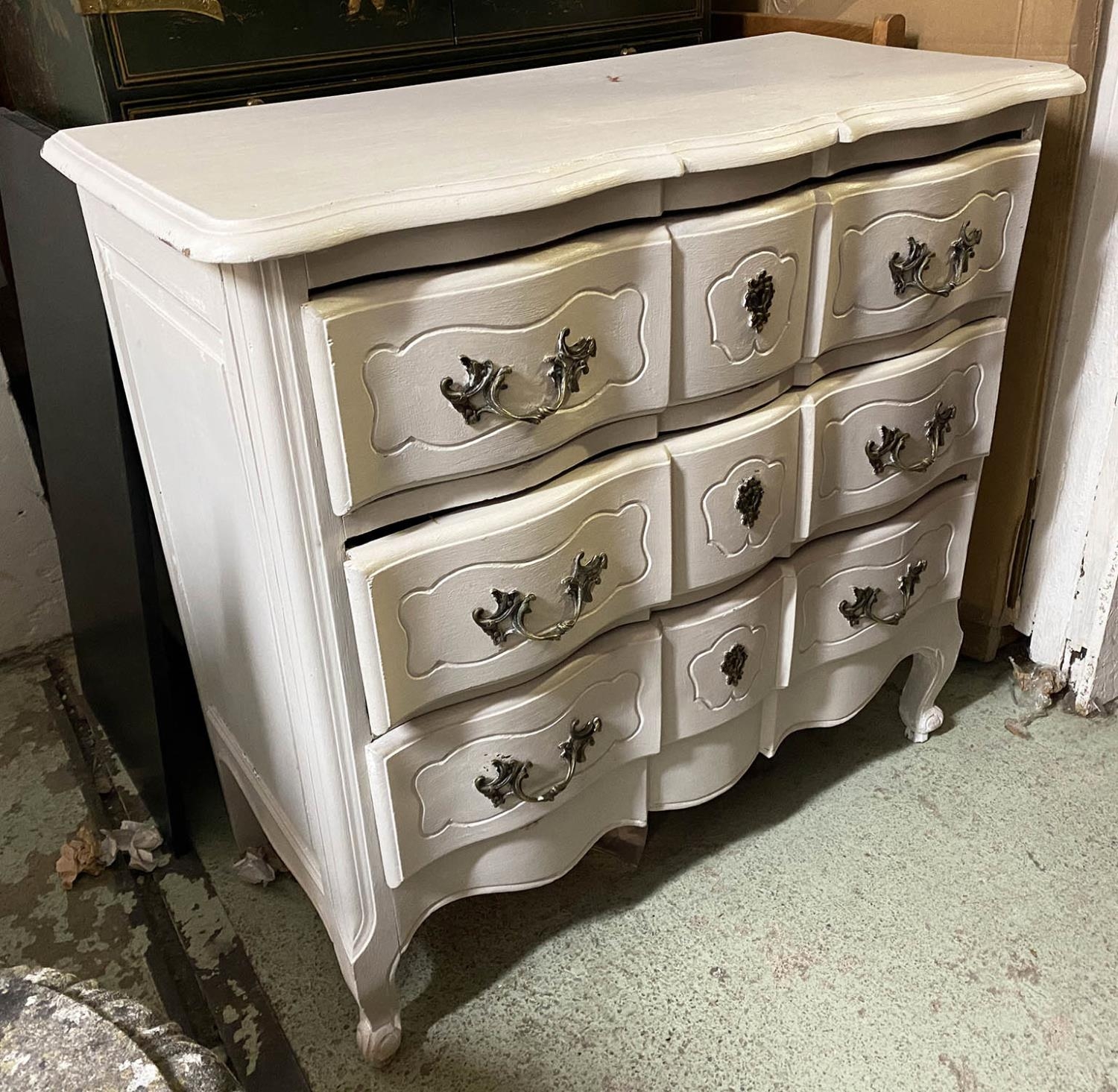 COMMODE, Louis XV style grey painted, serpentine fronted, three drawers, 89cm x 43cm x 85cm.